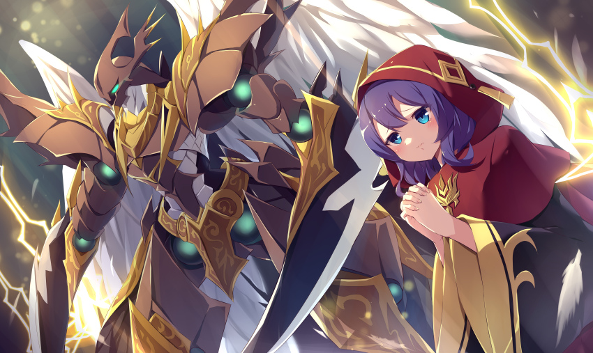 1girl absurdres arm_blade black_dress blue_eyes cowboy_shot dress duel_monster feathered_wings highres hood hood_up kanzakietc lo_the_prayers_of_the_voiceless_voice praying purple_hair red_hood skull_guardian_protector_of_the_voiceless_voice weapon white_wings wings yu-gi-oh!