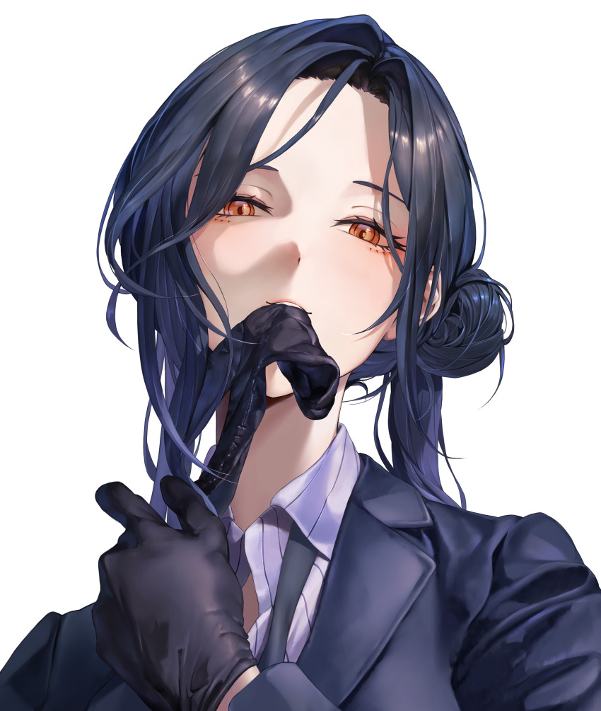 1girl absurdres biting biting_glove black_hair black_jacket black_necktie black_suit breasts business_suit close-up collared_shirt formal_clothes gloves hair_over_one_eye highres jacket large_breasts long_hair looking_at_viewer mugi_maccha necktie nijisanji open_mouth orange_eyes shirayuki_tomoe shirt solo suit suit_jacket virtual_youtuber