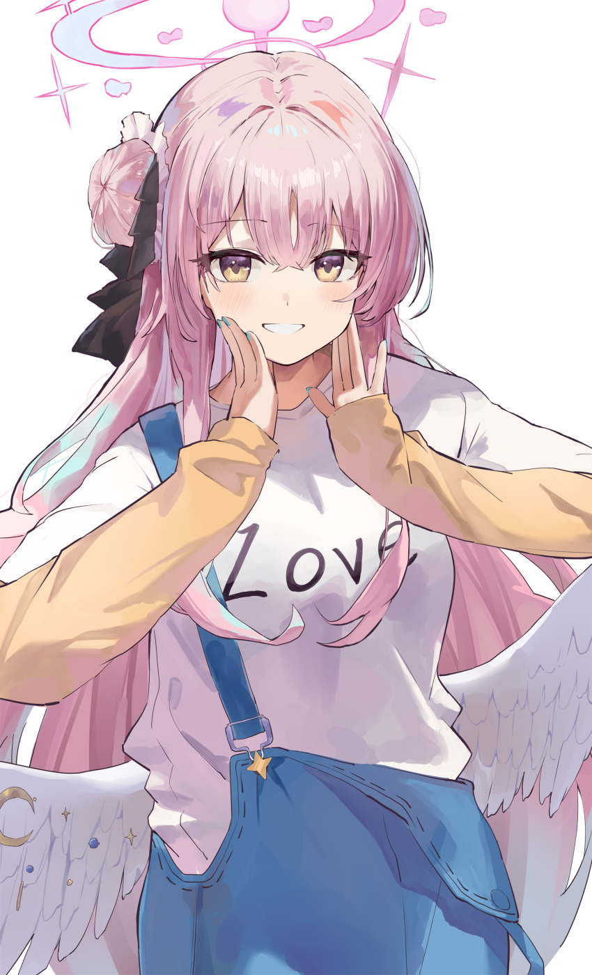 1girl absurdres alternate_costume black_ribbon blue_archive blue_nails blue_overalls blush crossed_bangs feathered_wings grin hair_between_eyes hair_ribbon highres jsscj long_hair looking_at_viewer mika_(blue_archive) overalls pink_hair ribbon scrunchie shirt sidelocks smile solo white_scrunchie white_shirt wings yellow_eyes yellow_sleeves