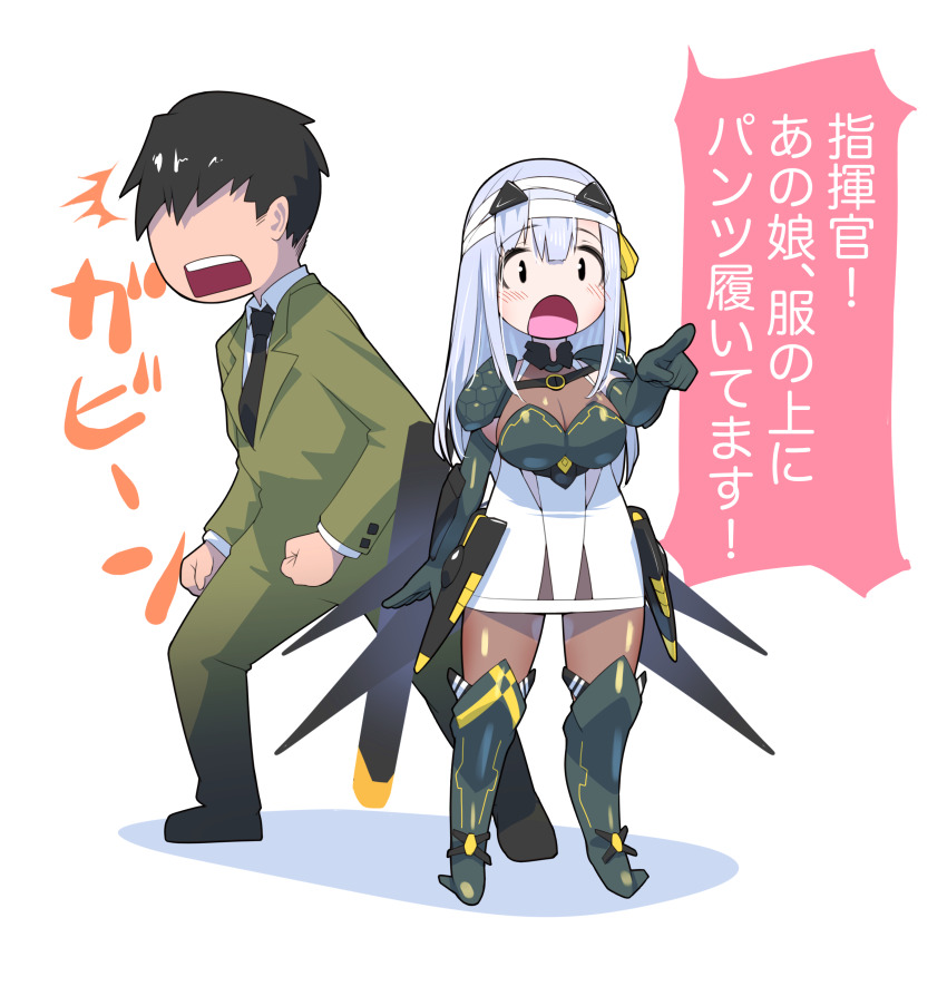 1boy 1girl absurdres armored_gloves bandaged_head bandages black_gloves breasts cleavage commander_(nikke) faceless faceless_male fune_(fune83ojj) gloves goddess_of_victory:_nikke grey_hair hair_ribbon highres large_breasts long_hair long_sleeves military_uniform modernia_(nikke) open_mouth pointing ribbon see-through_cleavage see-through_clothes yellow_ribbon
