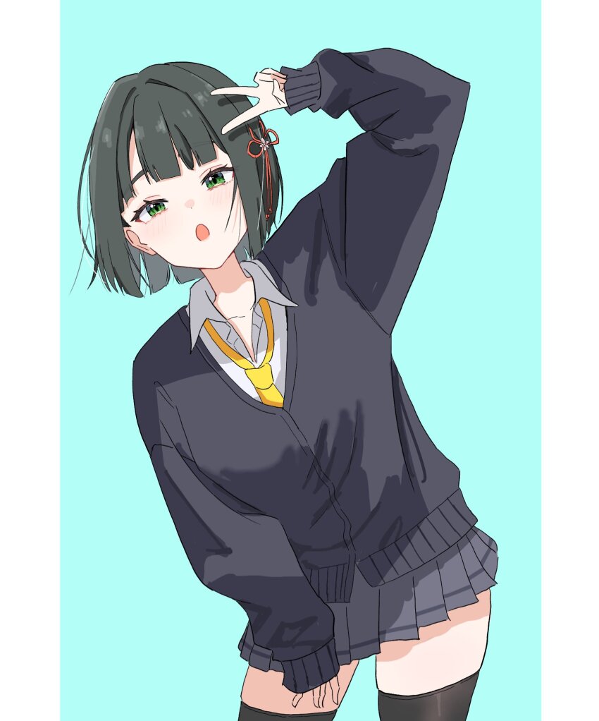1girl :o alternate_costume black_cardigan black_hair black_skirt black_thighhighs blue_background blush bob_cut breasts cardigan coat collared_shirt contrapposto cowboy_shot green_eyes gyaru half-closed_eyes highres link!_like!_love_live! long_sleeves looking_at_viewer loose_necktie love_live! medium_breasts miniskirt momose_ginko necktie open_clothes open_coat pleated_skirt potu_sabu school_uniform shirt short_hair simple_background sketch skirt sleeves_past_wrists solo thighhighs v v_over_head virtual_youtuber white_shirt yellow_necktie zettai_ryouiki