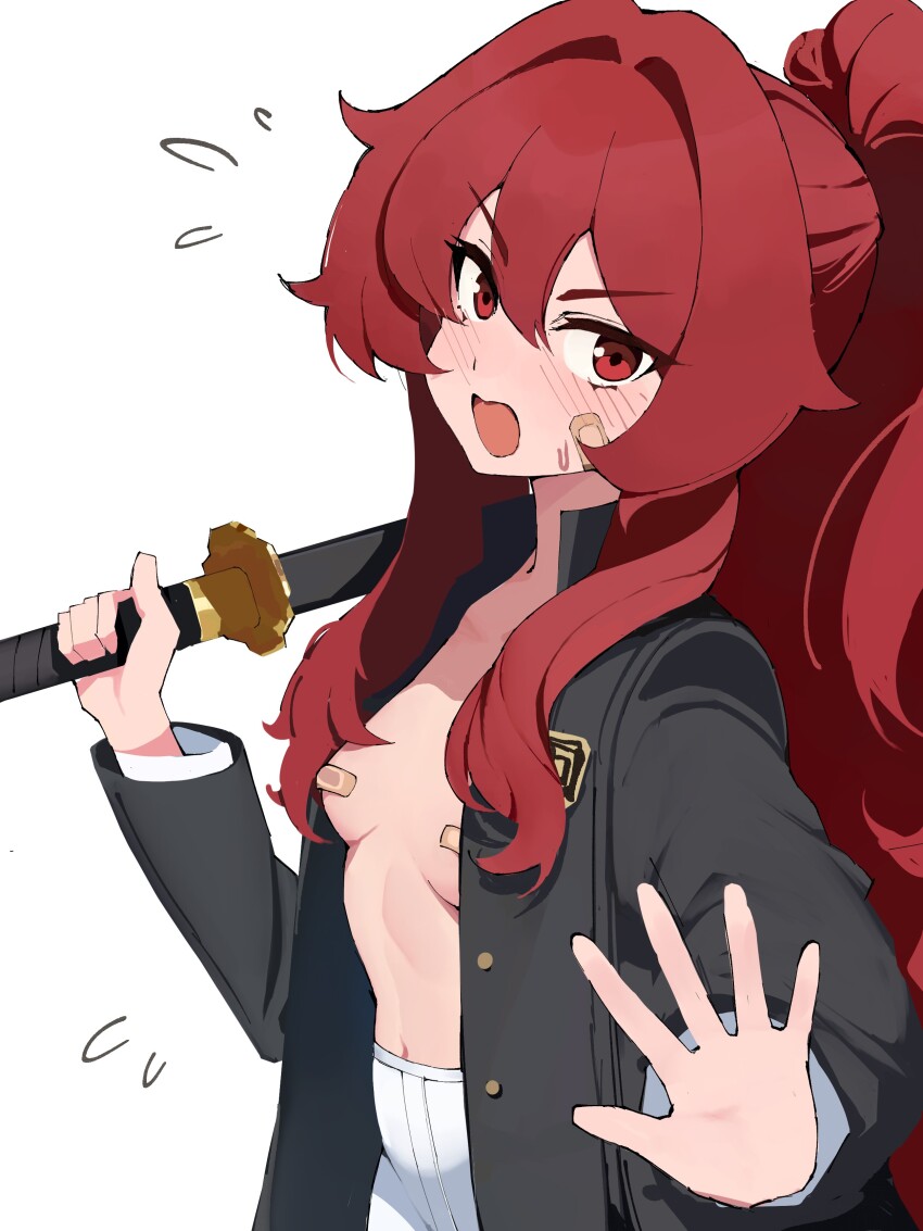 1girl absurdres ashiharatsumori_koito bandaid black_jacket blush commentary djan hair_between_eyes highres holding holding_sword holding_weapon jacket long_hair looking_at_viewer navel no_bra open_clothes open_jacket pantyhose ponytail project_kv red_eyes red_hair simple_background solo stomach sweatdrop sword symbol-only_commentary very_long_hair weapon white_background white_pantyhose
