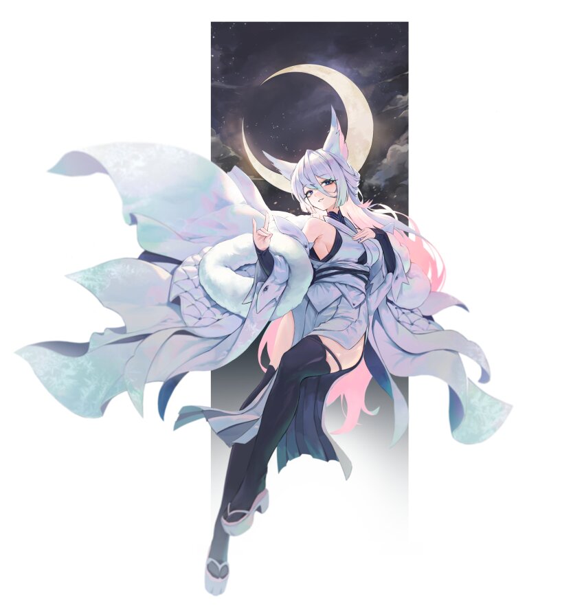 1girl 723_chfhrqur absurdres animal_ear_fluff animal_ears bare_shoulders black_thighhighs breasts colored_inner_hair crescent_moon detached_sleeves fox_ears fox_girl fox_shadow_puppet fox_tail full_body gradient_hair hair_between_eyes hand_on_own_chest high_heels highres japanese_clothes kimono long_hair long_sleeves looking_at_viewer medium_breasts moon multicolored_hair night night_sky obi okobo original pelvic_curtain pink_hair platform_clogs platform_sandals sandals sash sideboob sky sleeveless sleeveless_kimono solo star_(sky) tail thighhighs white_hair white_kimono wide_sleeves