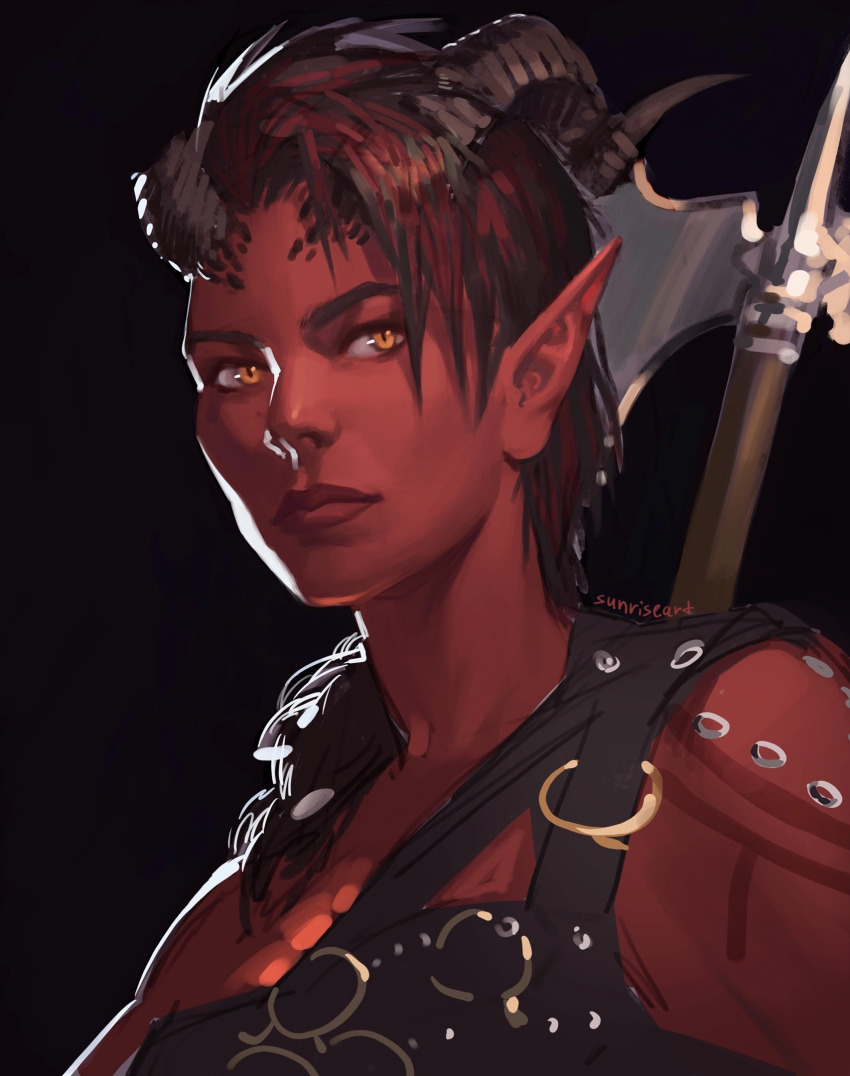 1girl axe baldur&#039;s_gate baldur&#039;s_gate_3 battle_axe black_hair broken_horn colored_skin commentary curled_horns dungeons_&amp;_dragons dungeons_&amp;_dragons english_commentary expressionless highres horns karlach medium_hair multicolored_hair orange_eyes pointy_ears red_hair red_skin side_cut signature slit_pupils solo sunriseart3 tiefling two-tone_hair weapon weapon_on_back