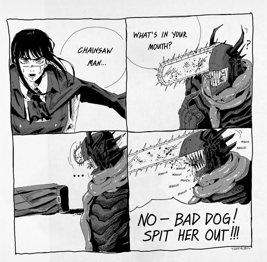 1boy 1girl blood cape chainsaw chainsaw_devil chainsaw_man chewing collared_shirt dress english_text facial_scar greyscale highres intestine_clothing long_hair monochrome pinafore_dress pointing pointing_at_self scar scar_on_cheek scar_on_face sharp_teeth shirt sleeveless sleeveless_dress speech_bubble teeth tsukirobin yoru_(chainsaw_man)