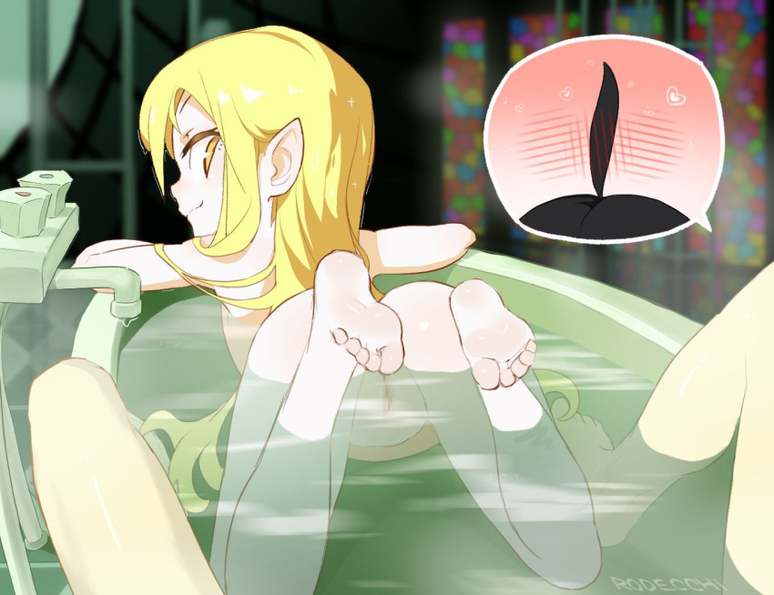 1boy 1girl animated animated_png araragi_koyomi ass barefoot bathing bathtub blonde_hair feet long_hair looking_back monogatari_(series) nude oshino_shinobu pointy_ears pussy rodecchi smile soles toes yellow_eyes