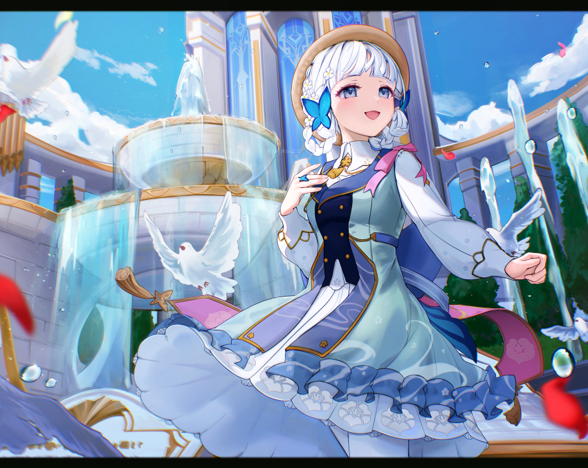 1girl :d aqua_dress asahi_(vjss4548) ayaka_(genshin_impact) bird blue_dress blue_eyes blue_hair blue_sky blunt_bangs blunt_tresses braid braided_hair_rings brown_hat building butterfly_hair_ornament butterfly_ring city cloud commentary_request cowboy_shot dove dress flower fountain genshin_impact hair_flower hair_ornament hair_rings hand_on_own_chest hand_up hat highres kamisato_ayaka kamisato_ayaka_(springbloom_missive) letterboxed light_blue_hair long_sleeves looking_to_the_side mole mole_under_eye multicolored_dress neck_tassel official_alternate_costume official_alternate_hairstyle open_mouth outdoors pantyhose pink_ribbon puffy_long_sleeves puffy_sleeves ribbon sky smile solo tassel twitter_username water_drop white_bird white_flower white_pantyhose