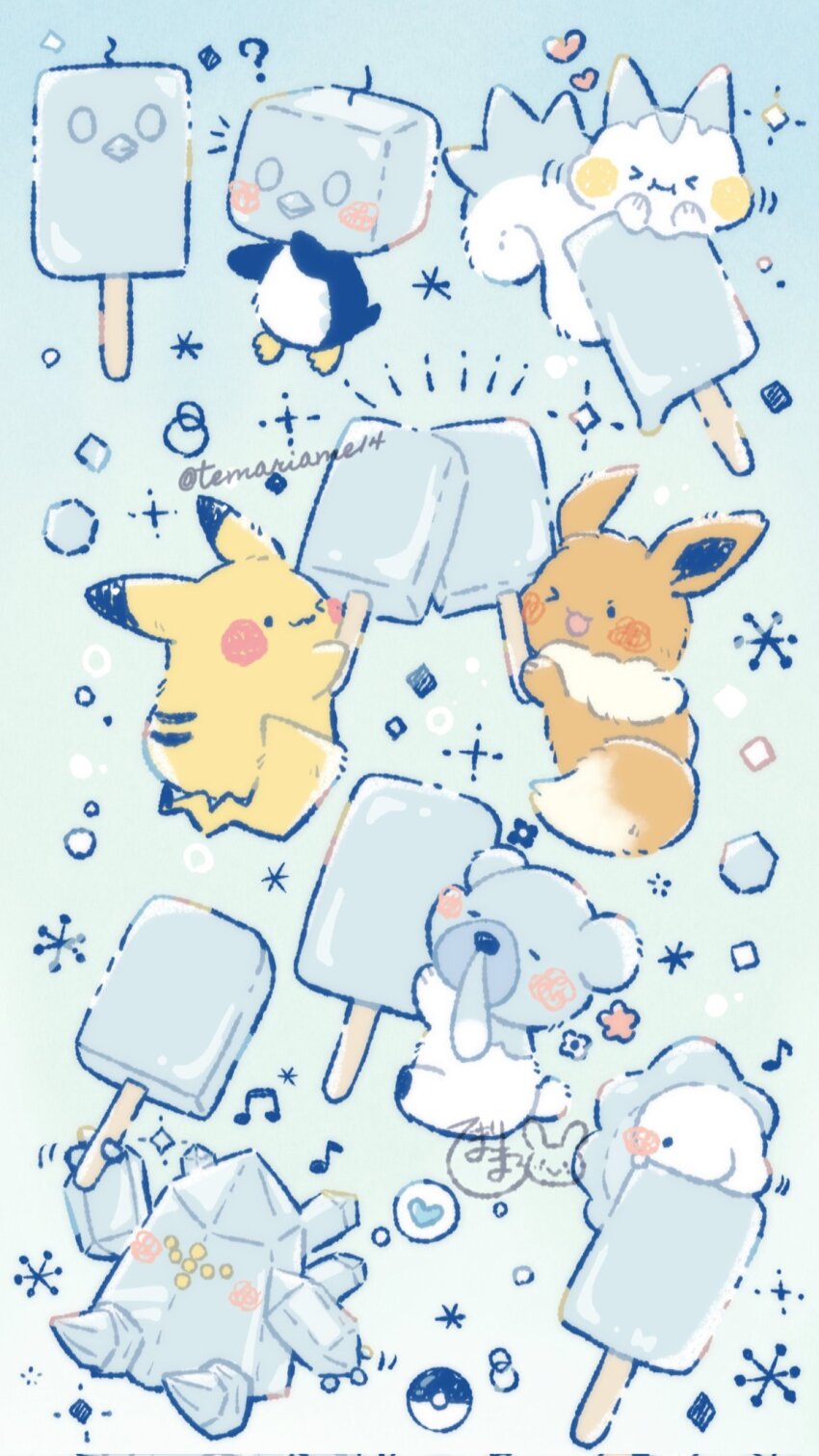 &gt;_&lt; &gt;_o ? bear bird blue_background blush_stickers closed_mouth commentary_request cubchoo eevee eiscue eiscue_(ice) food gen_1_pokemon gen_3_pokemon gen_4_pokemon gen_5_pokemon gen_8_pokemon heart highres holding holding_food holding_popsicle legendary_pokemon musical_note nintendo notice_lines one_eye_closed open_mouth oversized_food oversized_object pachirisu penguin pikachu poke_ball pokemon pokemon_(creature) polar_bear popsicle regice simple_background smile snom snowflakes sparkle spoken_heart temariame14 wavy_mouth