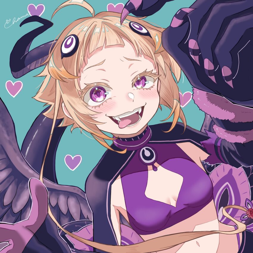 1girl black_feathers black_wings blonde_hair breasts capella_emerada_lugnica chama_(kevs2875) cleavage_cutout clothing_cutout colored_eyelashes crazy_smile dragon_tail fangs feathers giant_hand heart highres looking_at_viewer navel purple_nails re:zero_kara_hajimeru_isekai_seikatsu scratching_head short_hair simple_background small_breasts smile tail tongue tongue_out wings