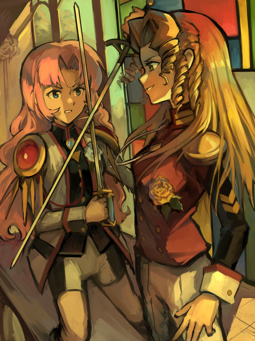 2girls absurdres arisugawa_juri blonde_hair blue_eyes fencing highres holding holding_sword holding_weapon kornod looking_at_another multiple_girls orange_theme pink_hair saber_(weapon) shoujo_kakumei_utena sword sword_of_dios tenjou_utena unsheathed weapon