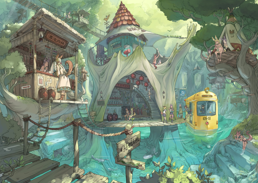 6+girls animal_ears awning bad_id bad_pixiv_id booth_seating branch bridge fish fishing_rod highres jar lantern long_hair multiple_girls nucomas original platform rope_ladder school_uniform serafuku short_hair sign signpost stairs step streetcar tail teepee tent tiles tower tree treehouse underwater water weather_vane