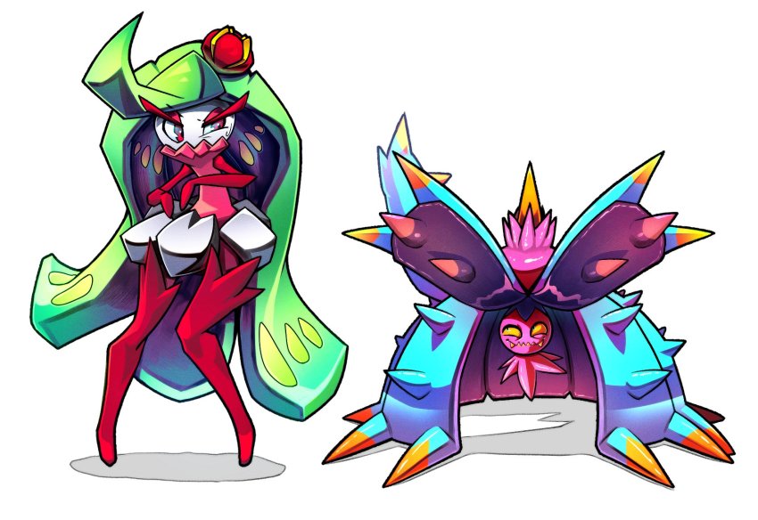 arnaud_tegny commentary disgust english_commentary eye_contact fangs fangs_out gen_7_pokemon highres looking_at_another nintendo pokemon pokemon_(creature) red_eyes simple_background spikes standing staring sweatdrop toxapex tsareena wavy_mouth white_background