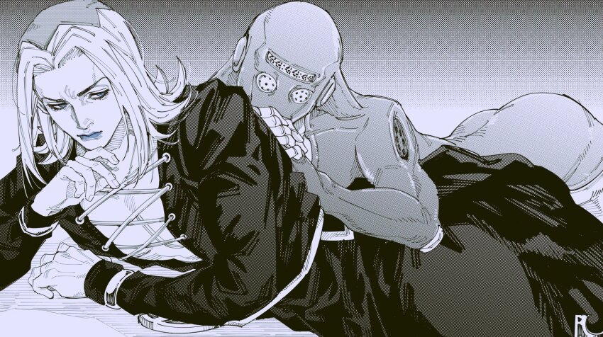 1boy 1other blue_eyes blue_lips cleavage_cutout clothing_cutout hat highres jojo_no_kimyou_na_bouken leone_abbacchio long_coat long_hair long_sleeves lying lying_on_person male_focus moody_blues_(stand) on_side partially_colored stand_(jojo) tsukaikata_wa_wakaru vento_aureo