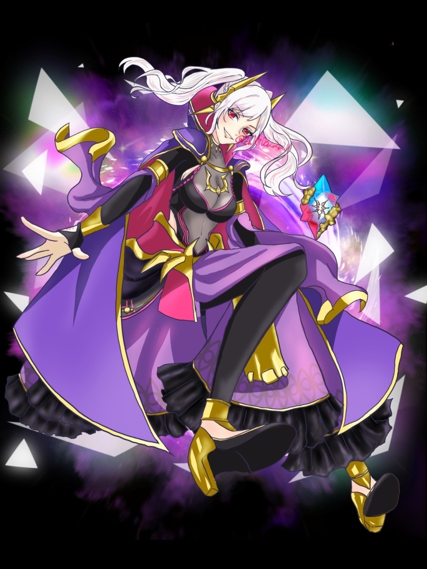 1girl anklet armlet armpit_crease armpit_cutout bodysuit bodysuit_under_clothes bracelet breasts cape clothing_cutout collar collared_cape corruption covered_navel dark_background dark_persona evil_smile eyelashes eyes_of_grima female_robin_(fire_emblem) female_robin_(grima)_(fell_tactician)_(fire_emblem) fire_emblem fire_emblem_awakening fire_emblem_heroes foot_up high_heels highres hip_vent jewelry leggings long_hair lots_of_jewelry medium_breasts multiple_necklaces neck necklace nintendo no_socks official_alternate_costume open_clothes open_hand open_skirt outstretched_arm parted_lips purple_cape red_eyes see-through_clothes shoe_soles sidelocks skirt smile smirk spiked_hair_ornament swept_bangs tight_clothes twintails vortex white_hair