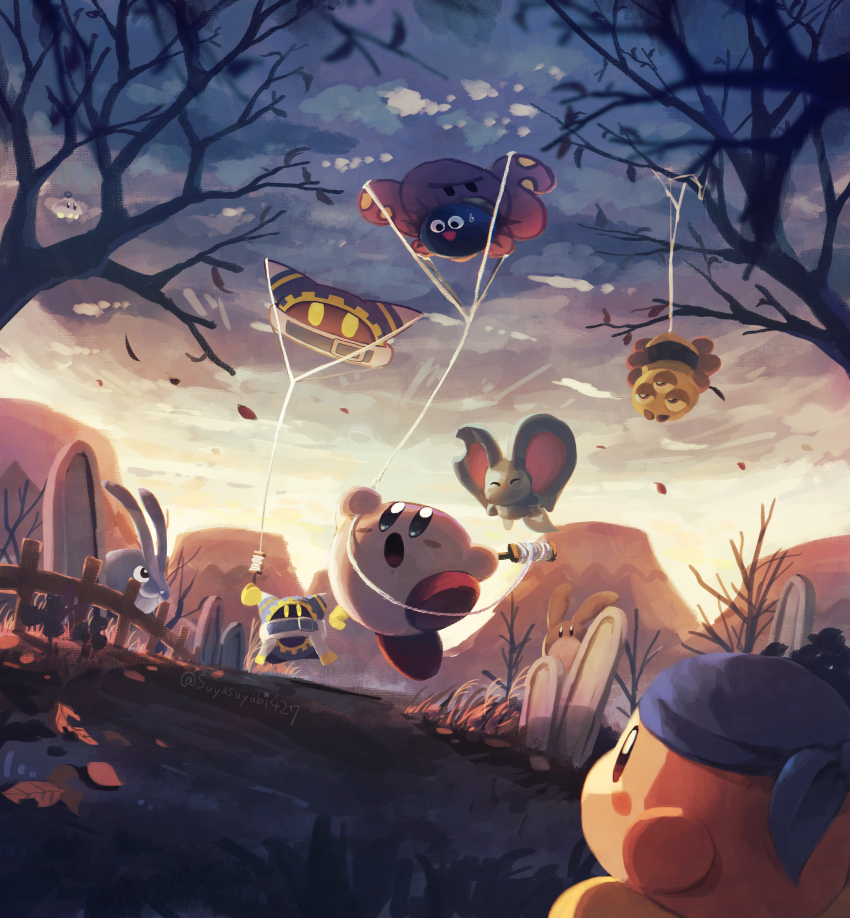 ^_^ absurdres bandana bandana_waddle_dee bare_tree blue_bandana blush blush_stickers bronto_burt bug closed_eyes cloud cloudy_sky commentary_request como_(kirby) elfilin falling_leaves fence gooey_(kirby) grass highres kirby kirby_(series) kite kite_flying leaf looking_at_another looking_up magolor mountain nintendo no_humans open_mouth outdoors path polof rabiroo rayman_limbs road scenery sky solid_oval_eyes spider stone sunset suyasuyabi tree twilight ufo ufo_(kirby) wooden_fence yellow_eyes