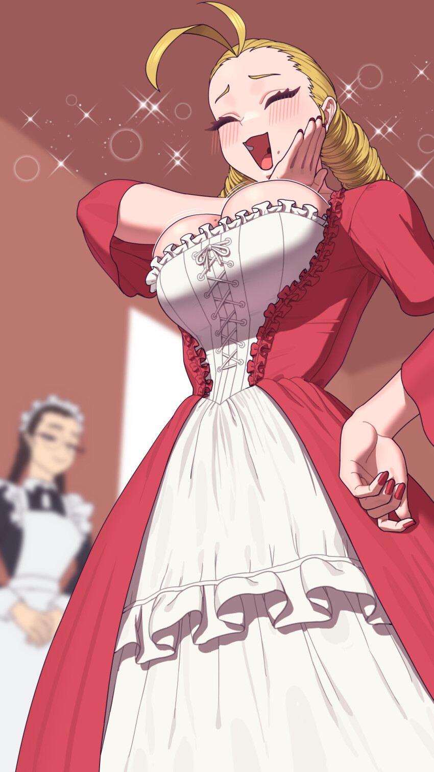 2girls ahoge blonde_hair blurry blurry_background breasts corset cropped_legs dress drill_hair hair_pulled_back highres large_breasts long_hair lyoung0j maid mole mole_on_breast multiple_girls ojou-sama_pose original red_dress red_nails ringlets solo_focus white_corset