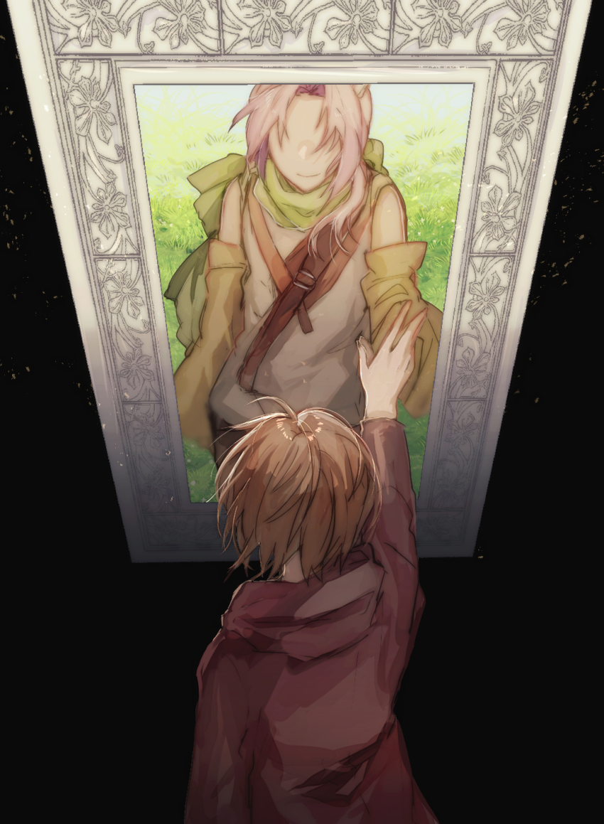 2boys belt belt_buckle brown_belt brown_hair buckle commentary_request detached_sleeves dita_iliner fumi_(rdbm) green_scarf highres hood hooded_jacket jacket long_sleeves male_focus mirror miwa_teita multiple_boys pink_hair red_jacket saibou_shinkyoku scarf shirt short_hair white_shirt yellow_sleeves