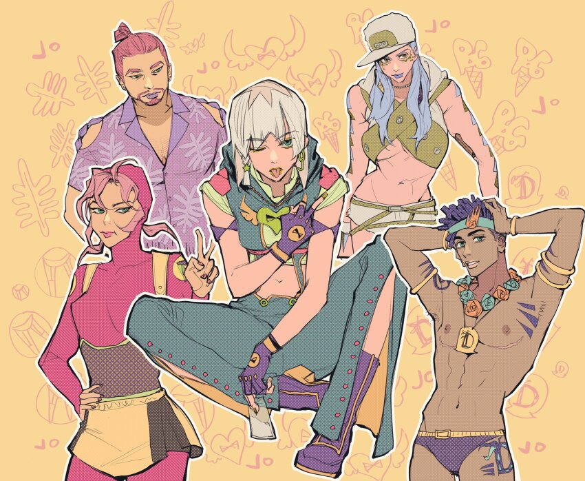 1boy 4girls abs arm_tattoo armlet baseball_cap beard blue_eyes bodysuit bracelet braid breasts dark-skinned_male dark_skin dragona_joestar dreadlocks earrings facial_hair fingerless_gloves genderswap genderswap_(mtf) gloves hat hawaiian_shirt headband highres hood hoodie jewelry jodio_joestar jojo_no_kimyou_na_bouken leg_up male_swimwear mastectomy_scar medium_breasts meryl_may_qi midriff multiple_girls mustache one_eye_closed paco_laburantes pink_hair purple_male_swimwear purple_swim_briefs scar scar_on_chest shirt side_braid sleeveless sleeveless_hoodie suspenders swim_briefs swimsuit tattoo the_jojolands tongue tongue_out topknot torheb underboob usagi_aloha&#039;oe v white_hair