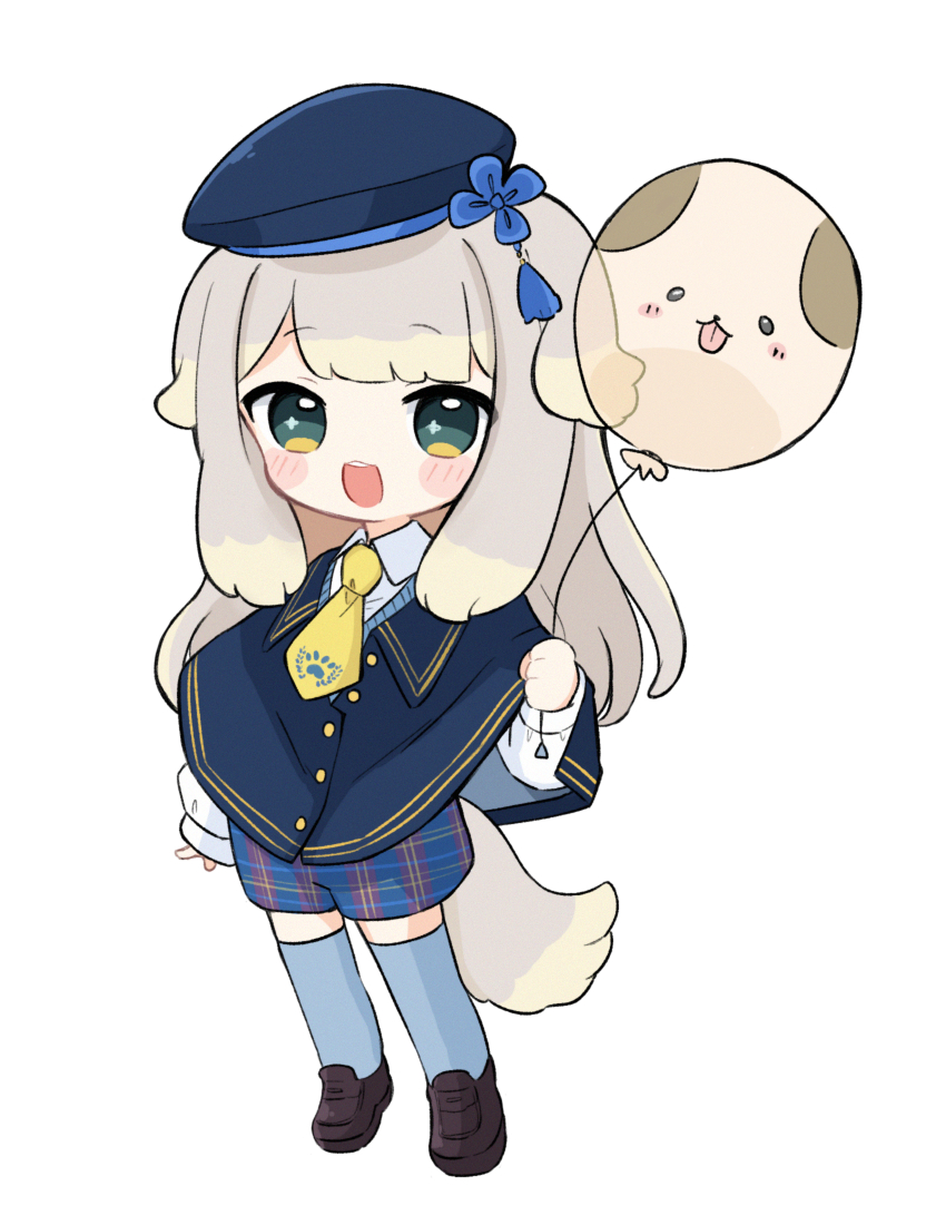 1girl :d animal_balloon animal_ears balloon beret blue_capelet blue_hat blue_shorts blush_stickers brown_shoes capelet chibi collared_shirt commentary dog_ears dog_girl dog_tail full_body green_eyes grey_hair grey_thighhighs hat highres holding holding_balloon loafers long_hair long_sleeves looking_at_viewer multicolored_hair necktie nijisanji nozo_(hitomiz) open_mouth plaid_clothes plaid_shorts puffy_long_sleeves puffy_sleeves shioriha_ruri shirt shoes shorts simple_background sleeves_past_wrists smile solo standing sweater_vest tail thighhighs two-tone_hair very_long_hair virtual_youtuber white_background white_shirt yellow_necktie