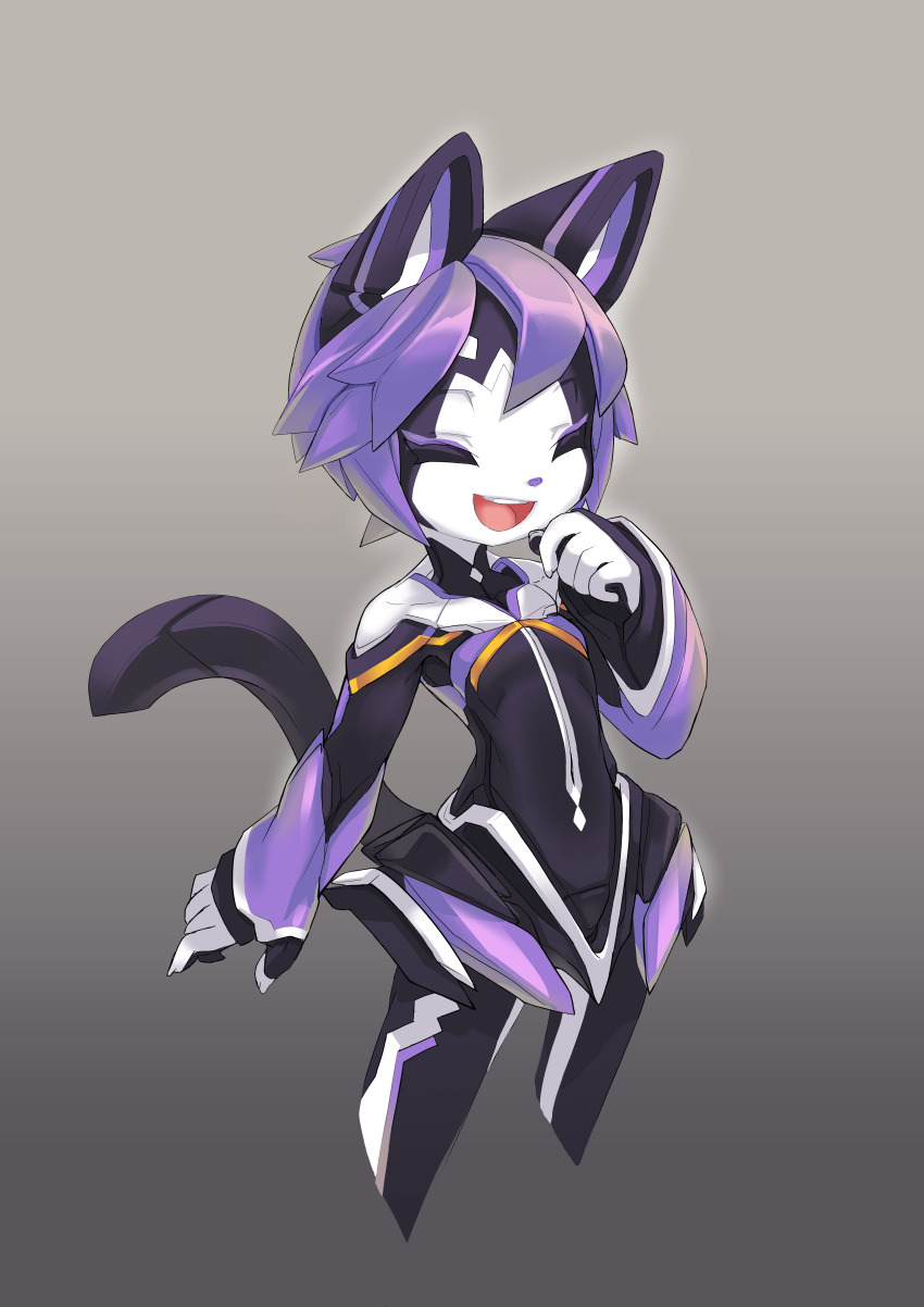 1girl 2016 absurdres android animal_ears animal_nose borrowed_character breasts cat_ears cat_girl cat_tail closed_eyes commentary electric_hearts english_commentary eyeliner flat_chest furry furry_female hand_on_own_face highres joints krita_(medium) makeup mao_(mizuki_kotora) mechanical_arms mechanization non-web_source open_mouth original purple_eyeliner purple_hair robot robot_joints short_hair small_breasts smile solo tail tyson_tan upper_body