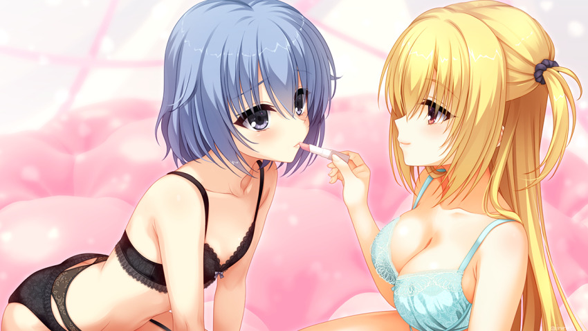 1boy 1girl aqua_bra arihara_nanami ass black_bra black_panties black_scrunchie blonde_hair blue_hair blush bra breasts cleavage closed_mouth collarbone commentary_request commission cosmetics cowboy_shot eye_contact from_side garter_belt grey_eyes hair_between_eyes hair_ornament hair_over_shoulder hair_scrunchie hand_up holding holding_lipstick_tube irori_(irorixc) large_breasts leaning_forward lingerie lips lipstick lipstick_tube long_hair looking_at_another makeup medium_hair one_side_up panties profile red_eyes riddle_joker scrunchie sidelocks sitting skeb_commission smile straight_hair suou_kyouhei trap underwear underwear_only upper_body very_long_hair