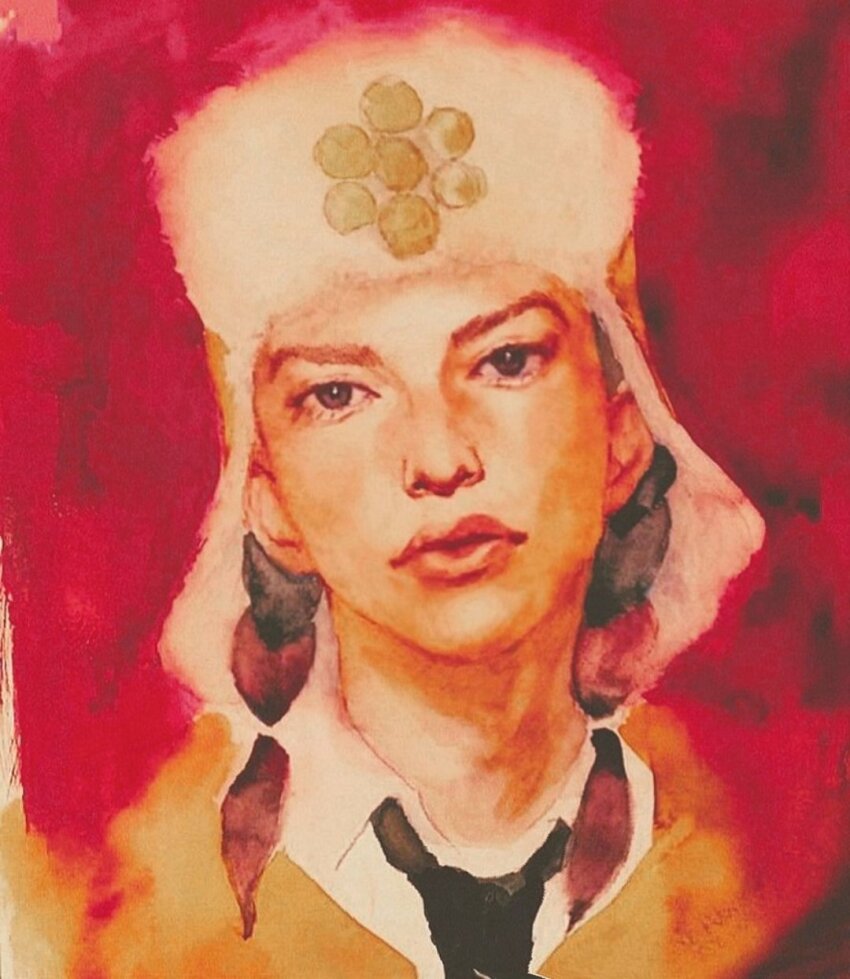 1boy black_eyes black_hair black_necktie braid fur_hat hat highres jojo_no_kimyou_na_bouken jojolion lips male_focus mamezuku_rai necktie painting_(medium) portrait solo traditional_media twin_braids umasandaa ushanka watercolor_(medium)