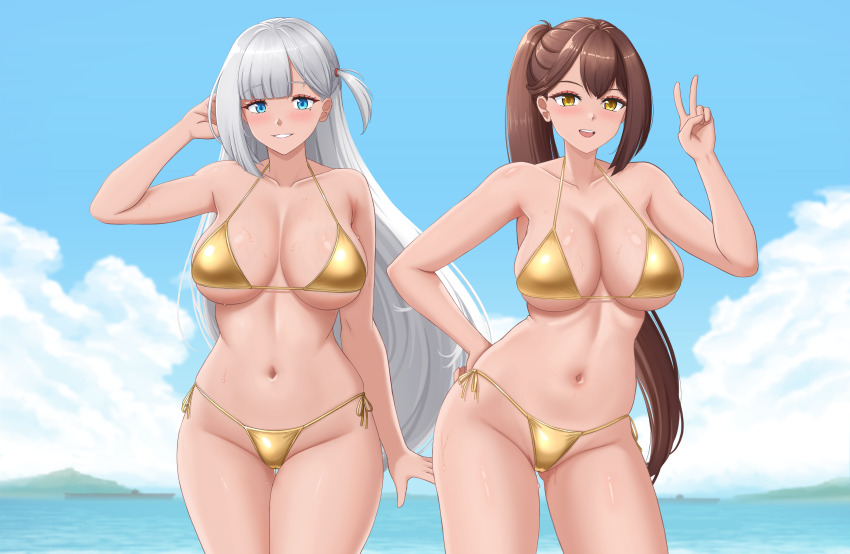 2girls :d absurdres arm_behind_back azur_lane bad_tag beach bikini blue_eyes blush breasts brown_hair crane_enthusiast eyeshadow grin hair_between_eyes hand_on_own_hip happy highres hip_focus large_breasts leaning_to_the_side long_hair looking_at_viewer makeup mole mole_under_eye multiple_girls navel ocean open_mouth outdoors ponytail red_eyeshadow shoukaku_(azur_lane) side-tie_bikini_bottom smile stomach swimsuit tan teeth thigh_gap thighs upper_teeth_only v very_long_hair wet white_hair yellow_bikini yellow_eyes zuikaku_(azur_lane)