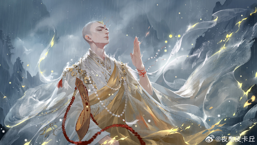 1boy bead_bracelet bead_necklace beads bracelet burning character_request chinese_clothes chinese_commentary closed_eyes commentary_request copyright_request cowboy_shot grey_hair hand_up hanfu highres jewelry kneeling long_sleeves male_focus monk mountain necklace prayer_beads praying rain short_hair solo storm thick_eyebrows very_short_hair watermark weibo_watermark white_hanfu wide_sleeves ye_dian_pikaqiu yellow_fire