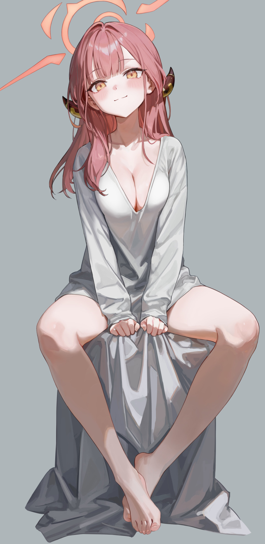 1girl absurdres aru_(blue_archive) bare_legs barefoot blue_archive blunt_bangs blush breasts brown_eyes cleavage closed_mouth collarbone commentary demon_girl demon_horns ellell915 feet full_body grey_background hair_intakes hair_over_shoulder halo highres horns knees_apart_feet_together large_breasts long_hair looking_at_viewer naked_shirt pink_hair pink_halo shirt simple_background sitting sleeves_past_wrists smile split_mouth spread_legs thighs toenails toes v_arms white_shirt