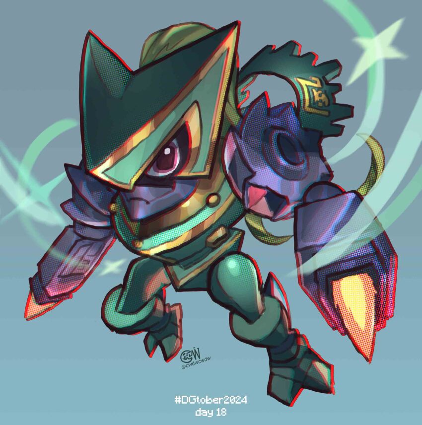 absurdres arm_blade armor chibi cwdw digimon digimon_(creature) fujinmon full_body green_armor green_hair grey_background high_ponytail highres long_hair ponytail simple_background solo weapon