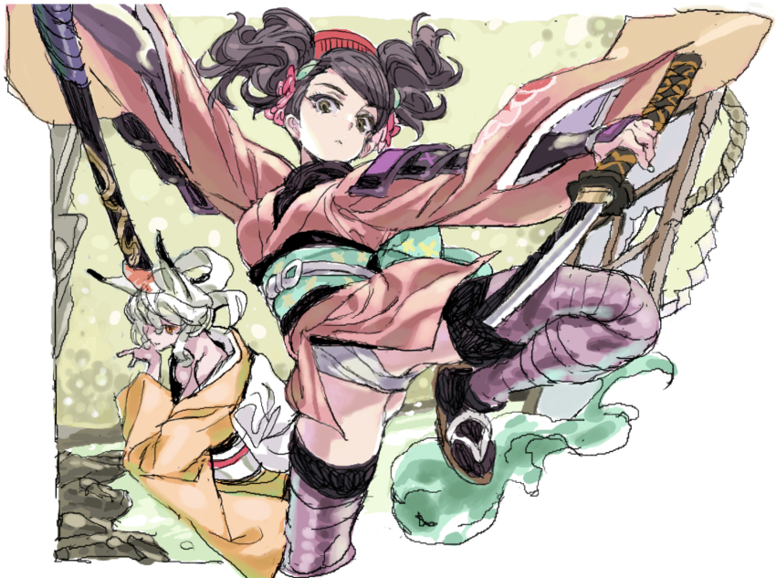 2girls black_hair dual_wielding fox_girl fundoshi highres hitodama holding japanese_clothes katana kimono kongiku leg_up looking_at_viewer momohime multiple_girls nobita_(makoto7060355) oboro_muramasa short_kimono sketch sword twintails weapon white_hair