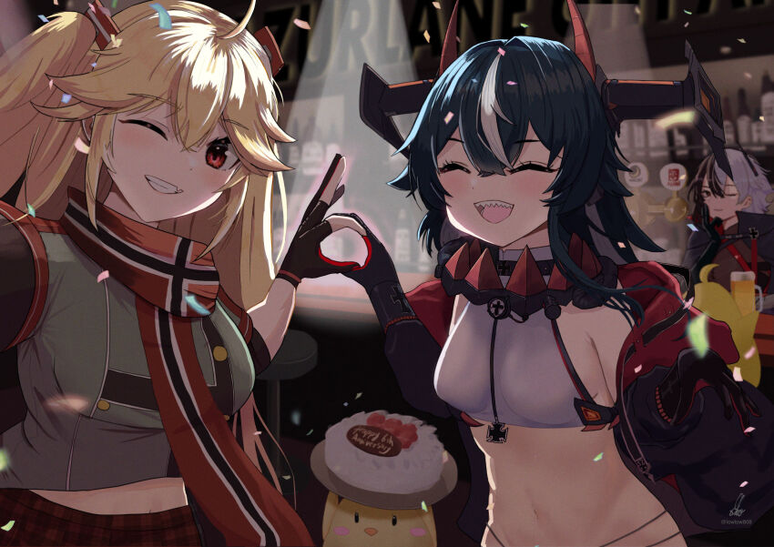 3girls azur_lane bar_(place) black_cape black_gloves black_hair blonde_hair bluecher_(azur_lane) bodystocking breasts bruenhilde_(azur_lane) cake cape closed_eyes cross echo_(lowlow808) food gloves hair_between_eyes highres holding holding_cake holding_food indoors iron_cross jacket long_hair looking_at_viewer manjuu_(azur_lane) medium_breasts midriff midriff_peek multicolored_hair multicolored_jacket multicolored_scarf multiple_girls one_eye_closed partially_fingerless_gloves plaid_clothes plaid_skirt red_eyes red_scarf red_skirt scarf sharp_teeth short_hair sitting skirt small_breasts smile split-color_hair stomach teeth twintails two-tone_gloves two-tone_hair two-tone_jacket very_long_hair white_hair z16_(azur_lane)