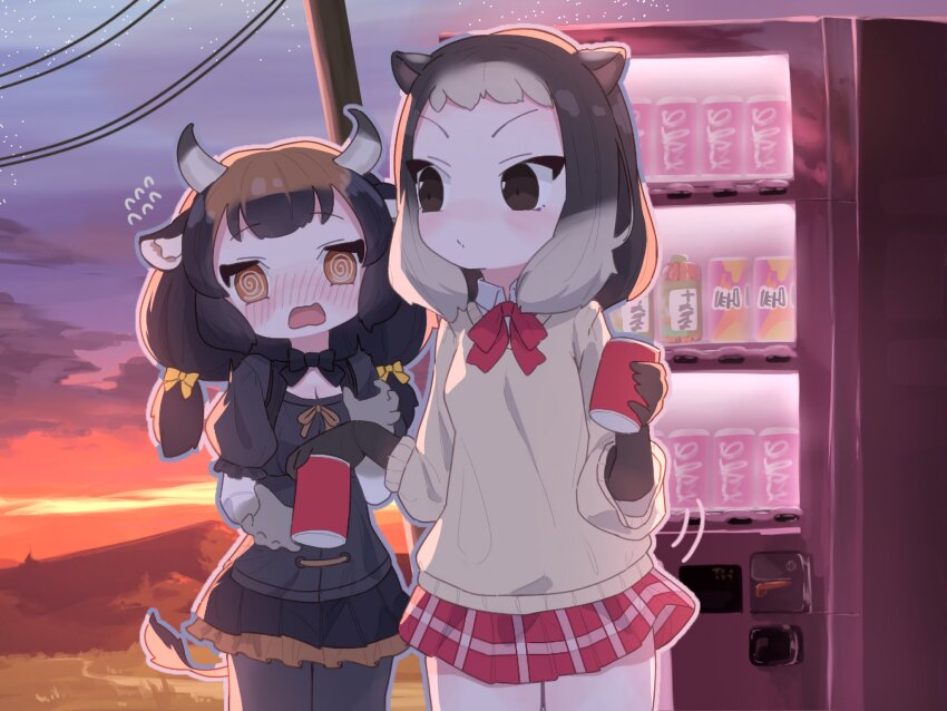 2girls @_@ alpine_marmot_(kemono_friends) animal_ears banteng_(kemono_friends) black_bow black_bowtie black_pantyhose black_shirt black_skirt blush bow bowtie brown_eyes brown_gloves brown_hair can collared_shirt cow_ears cow_girl cow_tail cowboy_shot frilled_sleeves frills gloves highres holding holding_can kemono_friends kemono_friends_3 light_brown_hair long_sleeves multicolored_hair multiple_girls orange_bow orange_eyes orange_skirt pantyhose plaid_clothes plaid_skirt pleated_skirt puffy_short_sleeves puffy_sleeves red_bow red_bowtie red_skirt sarutori shirt short_hair short_sleeves short_twintails sidelocks skirt squirrel_ears squirrel_girl sunset sweater tail twintails two-tone_hair two-tone_skirt vending_machine white_gloves white_shirt yellow_sweater