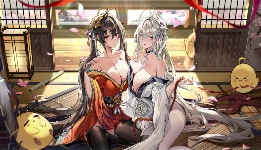 2girls absurdres azur_lane bare_shoulders black_hair blush breasts cleavage hair_between_eyes hakuhou_(azur_lane) highres huge_breasts japanese_clothes kimono large_breasts long_hair long_hair_between_eyes looking_at_viewer manjuu_(azur_lane) mask mask_on_head multiple_girls open_mouth pantyhose red_eyes red_kimono sijinni sitting smile taihou_(azur_lane) tatami very_long_hair white_hair white_kimono white_pantyhose yellow_eyes
