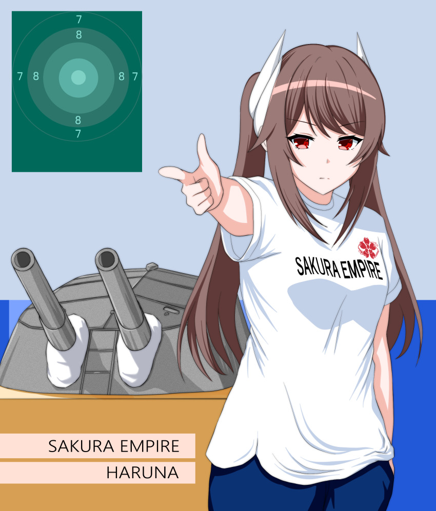 1girl 2024_summer_olympics absurdres aiming azur_lane blue_pants brown_hair character_name cipher_engage closed_mouth hand_in_pocket haruna_(azur_lane) highres horns long_hair olympics pants parody red_eyes rigging sakura_empire_(emblem) ship_turret shirt short_sleeves solo swept_bangs target twintails white_shirt yusuf_dikec yusuf_dikec_(meme)