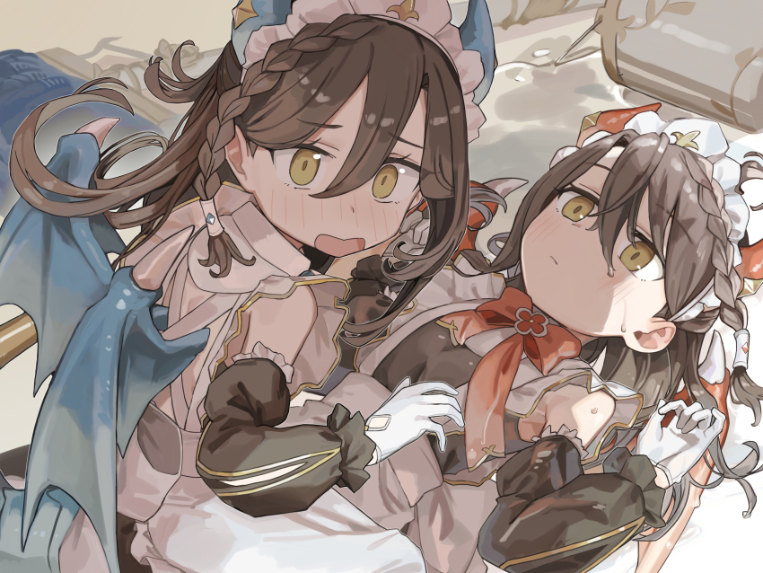 2girls absurdres bare_shoulders black_sleeves blush braid brown_hair closed_mouth commentary detached_sleeves dragon_girl dragon_wings gloves highres lind_(princess_connect!) long_hair looking_at_viewer maid maid_headdress multiple_girls open_mouth princess_connect! siblings sisters sweat twins tyaui_(xjju4435) white_gloves wings wurm_(princess_connect!) yellow_eyes
