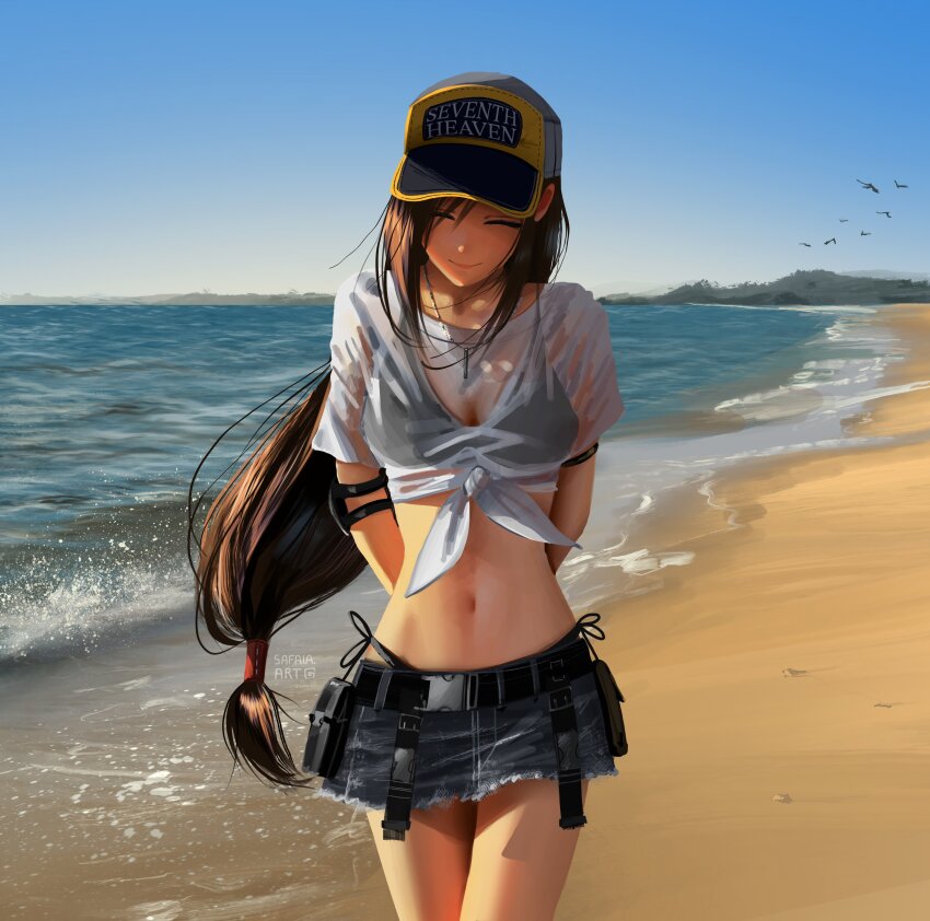 1girl absurdres arms_behind_back baseball_cap beach bikini bikini_under_clothes black_bikini black_hair breasts closed_eyes elbow_pads final_fantasy final_fantasy_vii final_fantasy_vii_ever_crisis frayed_clothes frayed_skirt front-tie_top hat highres long_hair low-tied_long_hair medium_breasts miniskirt mountainous_horizon official_alternate_costume safaia see-through_clothes see-through_shirt shirt side-tie_bikini_bottom single_elbow_pad skirt smile solo swimsuit tifa_lockhart tifa_lockhart_(lifeguard) wet wet_clothes wet_shirt