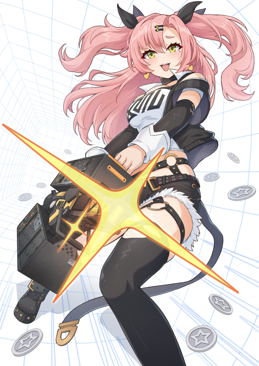 1girl agiri_(agiri_box) black_ribbon black_shorts black_thighhighs breasts commentary earrings fur-trimmed_shorts fur_trim green_eyes hair_ribbon heart heart_earrings highres holding holding_weapon jewelry long_hair looking_at_viewer medium_breasts mole mole_under_eye nicole_demara open_mouth pink_hair ribbon shorts smile solo thighhighs two_side_up weapon zenless_zone_zero