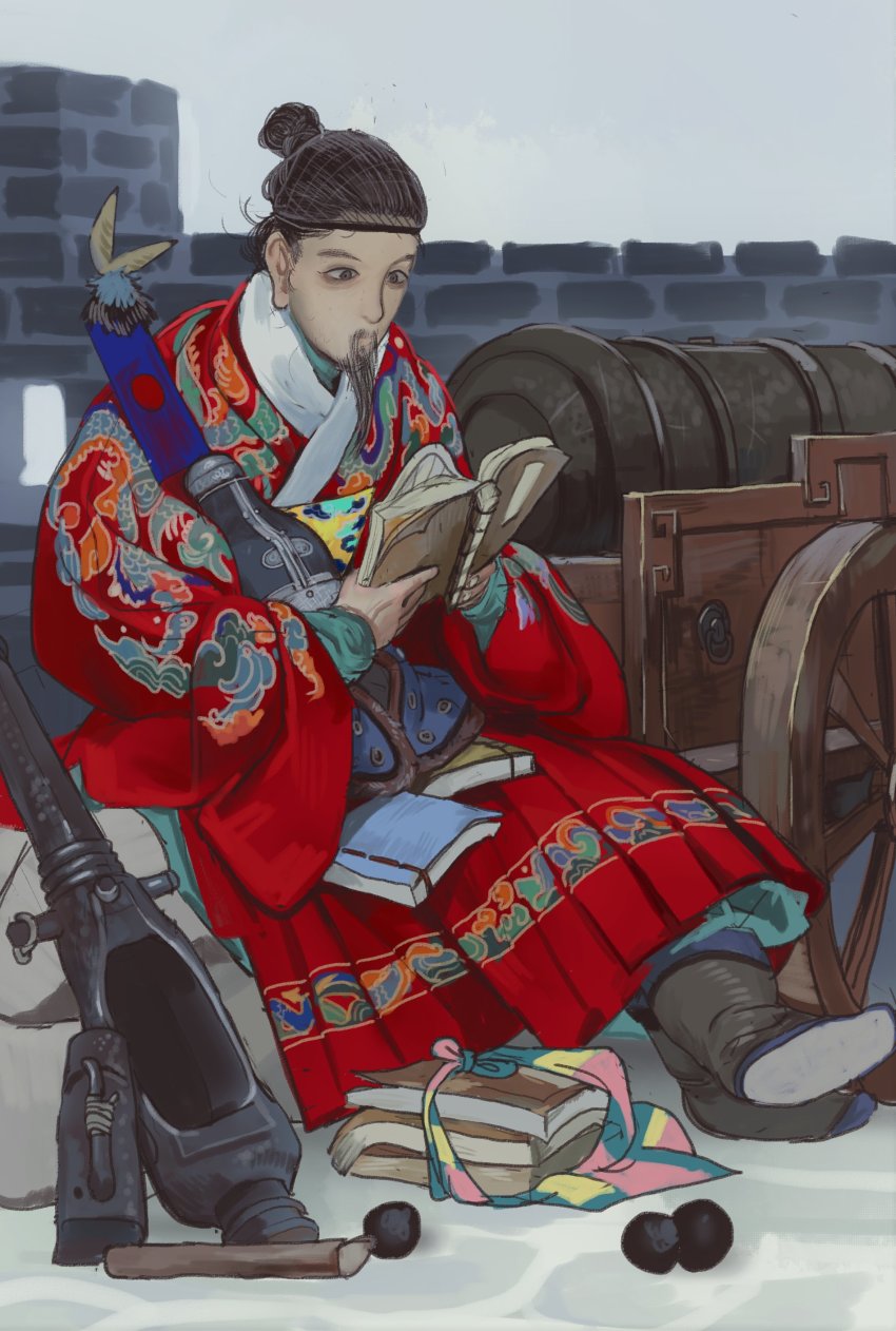1boy absurdres beard book boots brown_boots cannon cannonball chinese_clothes crossed_legs facial_hair highres holding holding_book long_beard long_sleeves male_focus mossacannibalis original sitting solo