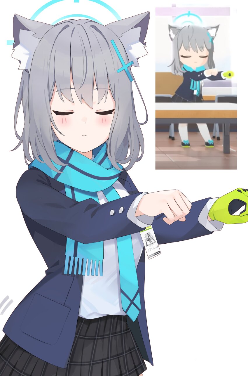 1girl absurdres animal_ear_fluff animal_ears aqua_halo aqua_necktie aqua_scarf black_skirt blue_archive blue_jacket blush cat_ears clenched_hands closed_eyes closed_mouth cross_hair_ornament derivative_work gloves green_gloves grey_hair hair_ornament halo highres jacket kuroshiro_kanae long_sleeves medium_hair necktie open_clothes open_jacket plaid_clothes plaid_skirt scarf school_uniform screenshot_inset screenshot_redraw shiroko_(blue_archive) shiroko_oddloop_dance shirt simple_background single_glove skirt white_background white_shirt