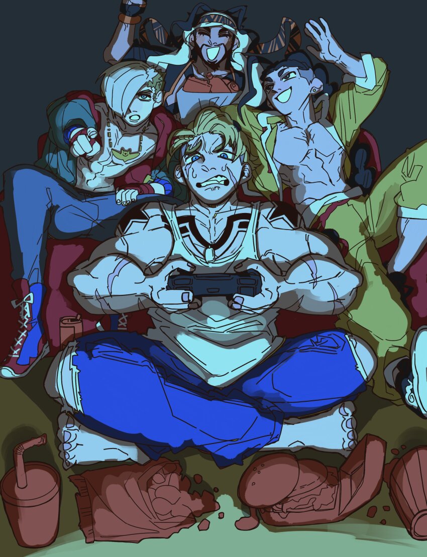 4boys arabian_clothes arm_up arms_up asymmetrical_hair bag bag_of_chips barefoot beard black_gloves black_shoes blonde_hair blue_eyes blue_hoodie blue_pants boots brown_eyes brown_hair burger can capcom chair chest_harness controller cup cushion dark-skinned_male dark_skin denim drink drink_can drinking_straw ear_piercing earrings ears_down ed_(street_fighter) eyeliner facial_hair facial_scar fingerless_gloves food gaming_chair gloves grocery_bag hair_over_one_eye harness headband holding hood hood_down hoodie jacket jamie_siu jeans jewelry long_braid long_hair luke_sullivan makeup male_focus multiple_boys multiple_scars necklace one_eye_covered open_mouth pants patterned_clothing piercing pointing rashid_(street_fighter) red_boots red_gloves red_hood scar scar_across_eye scar_on_arm scar_on_cheek scar_on_face scars_all_over shirt shoes shopping_bag short_hair single_bang sitting soda_can solith street_fighter street_fighter_6 sweat swivel_chair too_many topless_male trash_can two-sided_hoodie very_long_hair video_game white_turban yellow_jacket yellow_pants