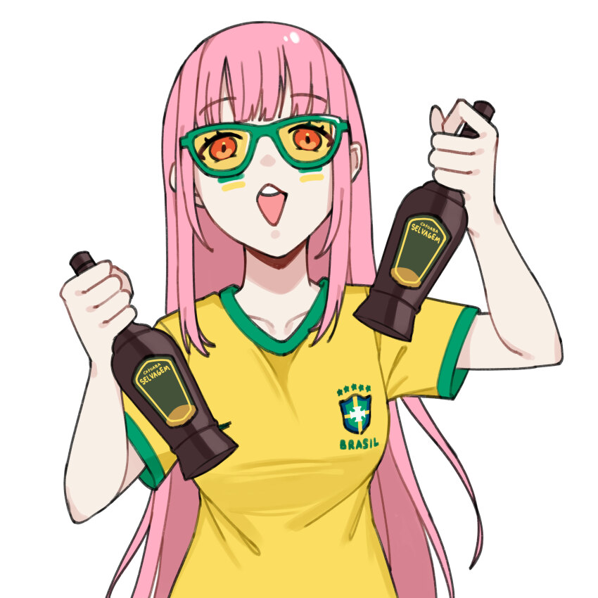 1girl 2022_fifa_world_cup absurdres alcohol arm_up blunt_bangs bottle breasts clothes_writing collarbone commentary eyebrows_hidden_by_hair facepaint green-framed_eyewear green_shirt green_trim grin hand_up highres holding holding_bottle hololive hololive_english karassawa large_breasts long_eyelashes long_hair long_sidelocks looking_at_viewer mori_calliope open_mouth pink_hair print_shirt raised_eyebrows shirt short_sleeves sidelocks simple_background smile soccer_uniform solo sportswear straight-on straight_hair sunglasses t-shirt teeth tented_shirt thick_eyelashes tinted_eyewear two-tone_shirt upper_body upper_teeth_only very_long_hair virtual_youtuber white_background world_cup yellow-tinted_eyewear yellow_shirt