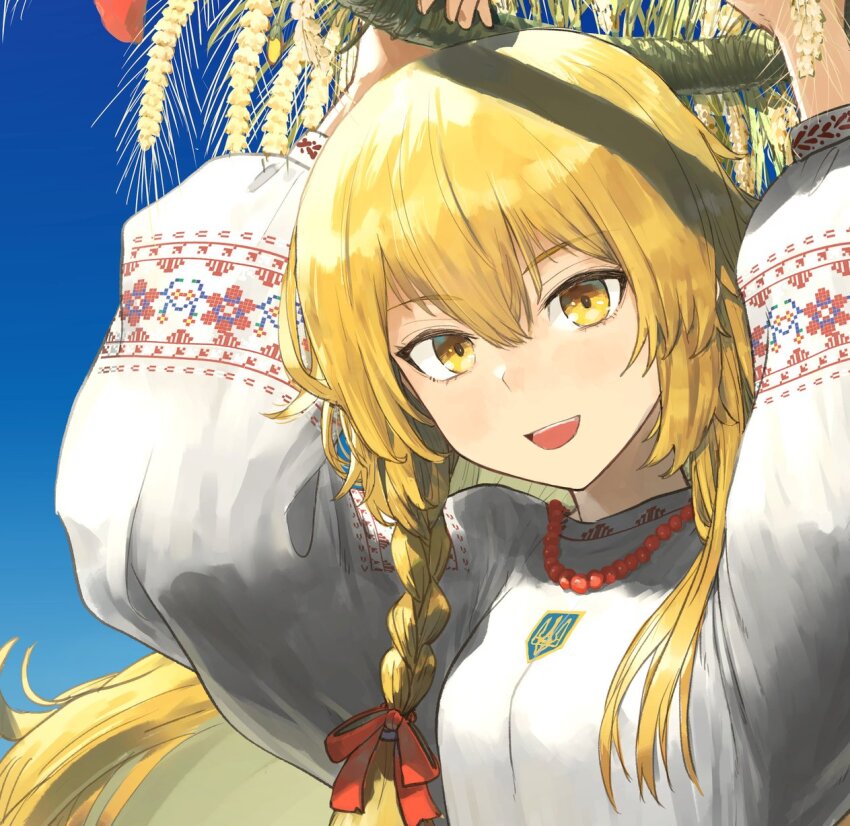 1girl :d alternate_costume blonde_hair coat_of_arms gradient_background hairbraid harapan-kun highres jewelry kirisame_marisa necklace open_mouth rye smile touhou traditional_clothes ukrainian_clothes vyshyvanka yellow_eyes