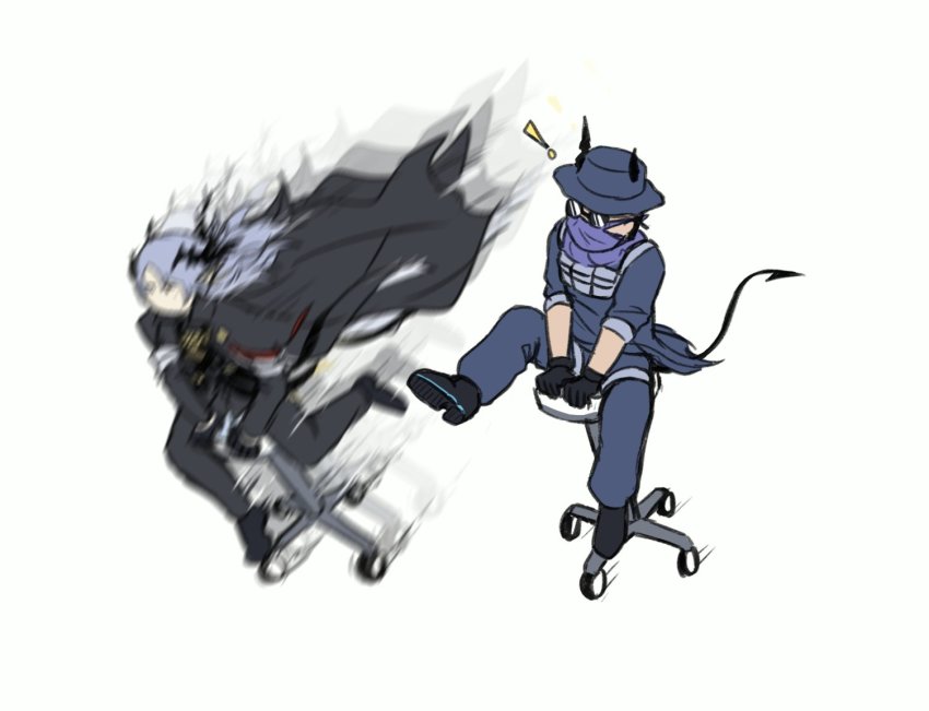 2boys arknights chair demon_horns demon_tail glasses horns immapurpledrago kicking logos_(arknights) multiple_boys office_chair scout_(arknights) swivel_chair tail
