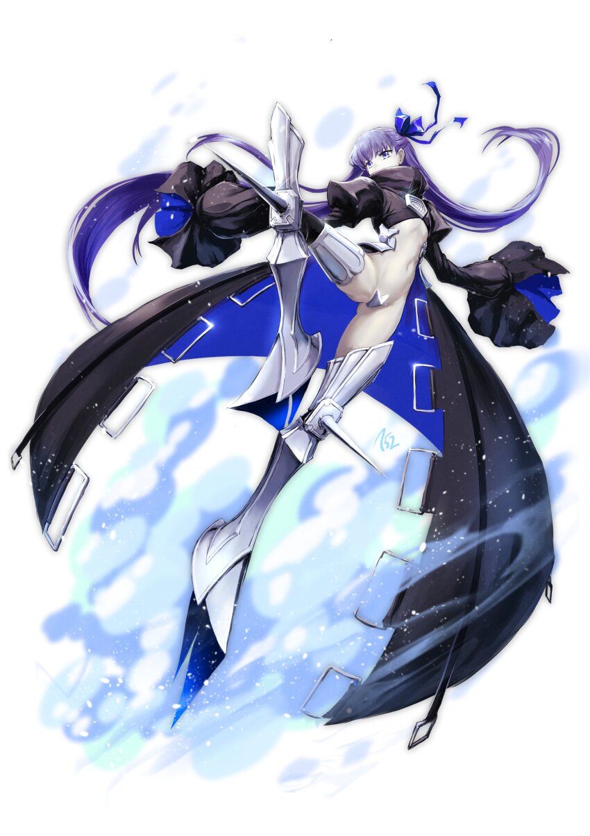 152_in_can 1girl absurdres armored_boots blue_eyes blue_ribbon boots crotch_plate fate/grand_order fate_(series) flat_chest full_body hair_ribbon highres jacket juliet_sleeves long_hair long_sleeves meltryllis_(fate) navel prosthesis prosthetic_leg puffy_sleeves purple_hair redrawn revealing_clothes ribbon shrug_(clothing) sleeves_past_fingers sleeves_past_wrists solo very_long_hair