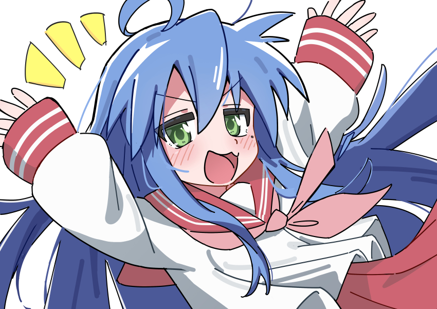 1girl :3 absurdres ahoge blue_eyes blue_hair highres izumi_konata long_hair long_sleeves lucky_star mole mole_under_eye open_mouth ryouou_school_uniform school_uniform serafuku simple_background skirt smile solo tomoshi_sora twintails very_long_hair white_background