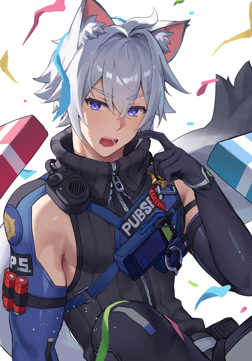 1boy absurdres animal_ears cat_boy cat_ears cat_tail hair_between_eyes highres kurobikari long_tail open_mouth police police_badge police_uniform policeman seth_lowell short_hair simple_background tail white_hair zenless_zone_zero