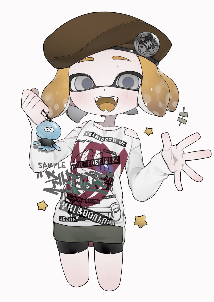 +++ 1girl :d beret black_shorts blue_pupils brown_hat charm_(object) clothes_writing clothing_cutout collarbone colored_tongue cropped_legs fangs gomi20021021 green_skirt grey_eyes hat highres holding holding_charm inkling inkling_girl inkling_player_character jellyfish_(splatoon) long_sleeves looking_at_viewer miniskirt nintendo open_hand open_mouth orange_hair orange_tongue pencil_skirt sample_watermark shirt short_hair shorts shorts_under_skirt shoulder_cutout skirt smile solo splatoon_(series) star_(symbol) tentacle_hair watermark white_background white_shirt
