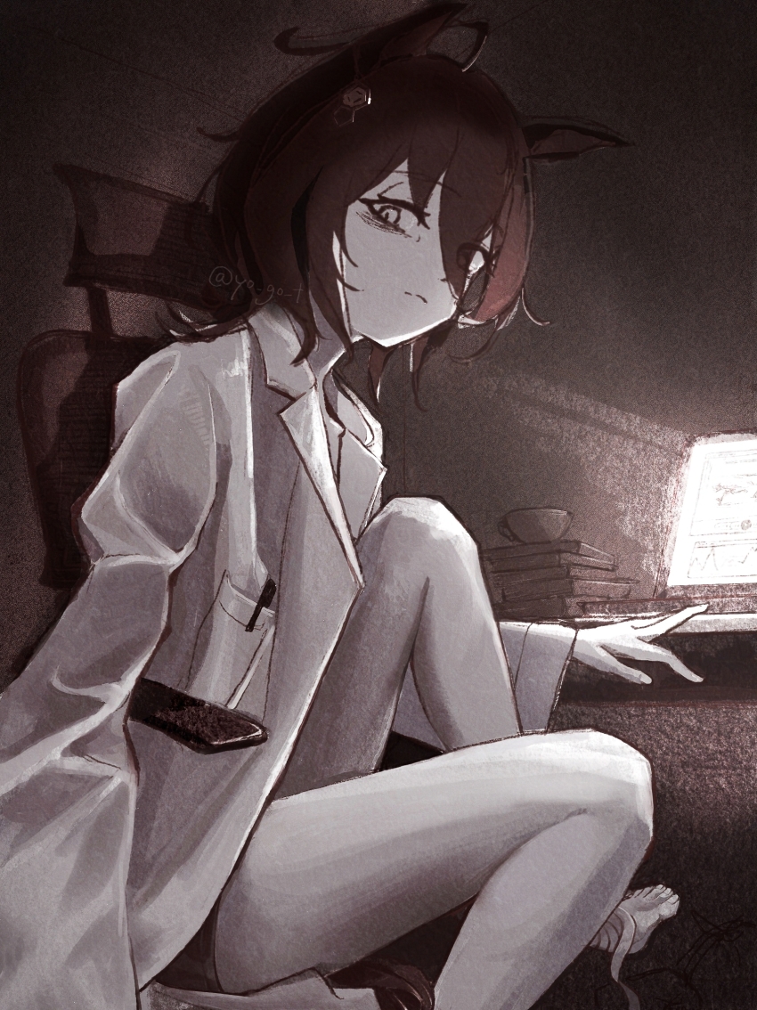 1girl agnes_tachyon_(umamusume) ahoge animal_ears bags_under_eyes bandaged_foot bandages barefoot book book_stack chemical_structure closed_mouth coat computer cum earrings frown glowing greyscale hair_between_eyes hand_on_table highres horse_ears horse_girl injury jewelry knee_up lab_coat laptop looking_at_viewer medium_hair monochrome open_clothes open_coat pen shorts single_earring solo swivel_chair umamusume wolf_cut yogoto_(yo_go_t)