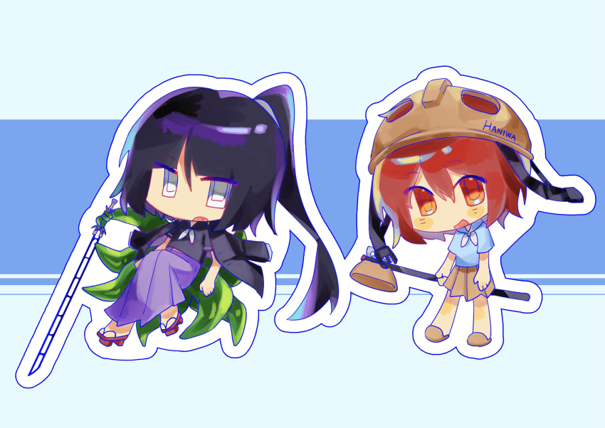 2others adagumo_no_yaorochi adapted_costume alternate_costume androgynous annoyed bare_arms bare_legs black_hair black_jacket black_sailor_collar black_shirt blue_background blue_sailor_collar blue_shirt blush_stickers bottle_opener brown_helmet brown_skirt brown_slippers chibi collared_jacket commentary double-parted_bangs fang frown geta grey_eyes grey_neckerchief hair_between_eyes hair_tie hammer happy helmet high-waist_skirt high_side_ponytail highres holding holding_hammer holding_sword holding_weapon jacket jacket_on_shoulders katano_sukune katano_sukune&#039;s_bottle_opener len&#039;en long_hair long_skirt medium_hair midriff_peek miniskirt multiple_others multiple_tails musical_note neckerchief open_mouth orange_eyes other_focus outline pleated_skirt prehensile_tail purple_skirt re1re133 red_hair red_sandals sailor_collar sandals school_uniform serafuku shirt short_sleeves skirt slippers smile snake_tail sword sword_of_kusanagi tail tasouken very_long_hair weapon white_outline